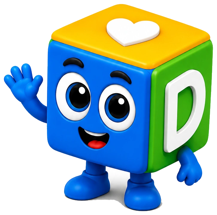 Labi, o mascote cubo azul com lateral verde, topo amarelo e coração branco, acenando.